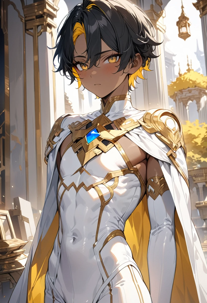 high quality,(best quality,4K,a high resolution,masterpiece:1.2),super detailed,(1 boy),(solo),juvenile,(Male juvenile),handsome and cute boy,black hair ,((yellow inner hair)),short hair,dark skin，white bodysuit ,golden eyes,Single photo,the white temple of light,magnificent palace background,Wearing a white cape behind