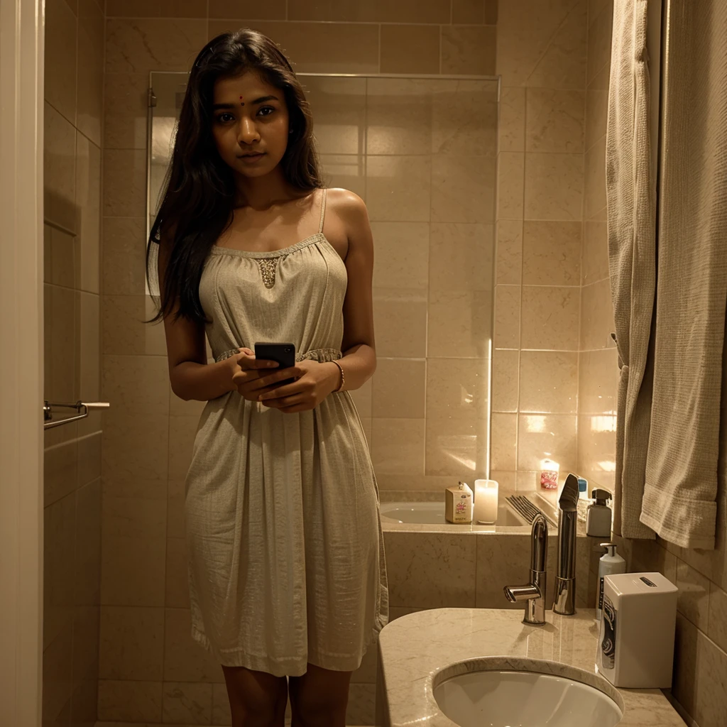 Indian girl wearing night dress in indian bathroom and holding iphone