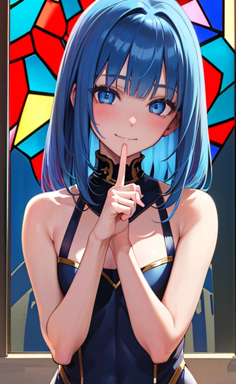 (masterpiece:1.5、Photorealistic:1.4,anime colored:1.4、high resolution:1.4)、,(spot light:1.2、Exquisite beautiful eye:1.5,)、(stand:1.5)、(from above:1.2)、(upper body:1.5)、
(kind eyes、tareme:1.4),()、(Cute Face)、(blue hair:1.5)、(middle hair:1.5),(sidelock :1.6),(blunt bangs:1.3),(1 girl)、(blue eyes:1.2)、(fingersmile:1.5),()、()、() ,(),(small breasts),(),(Sensual Costume:1.5),(Stained glass:1.2)、()、()、Slim Body(),Shiny Hair、girl、