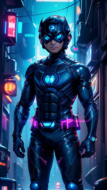 best quality,masterpiece,1boy,solo,(((13years old))),japanese boy,an extremely cute and handsome boy,highly detailed handsome face and eyes,petit,cute face,lovely face,baby face,shy smile,show teeth, Black hair,short hair,flat chest,skinny,slender,(((wearing Blue Beetle costume,blue superhero helmet,black hero mask style))),(((standing in Dark Midnight Neon Glow light Cyberpunk Metropolis city))),he is looking at the viewer,