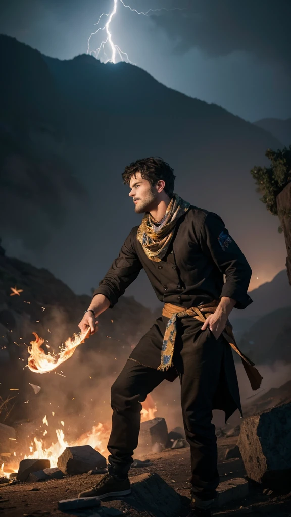 Jamie Dornan, Full body male chef 32k（tmasterpiece，k hd，hyper HD，32k）Long flowing black hair，Camping ruins area，zydink， a color， patriot （ruins）， （Linen batik scarf）， Angry fighting stance， looking at the ground， Linen bandana， Chinese python pattern long-sleeved garment， （Abstract gouache splash：1.2）， Dark clouds lightning background，Flour flies（realisticlying：1.4），Black color hair，Flour fluttering，Background fog， A high resolution， the detail， RAW photogr， Sharp Re， Nikon D850 Film Stock Photo by Jefferies Lee 4 Kodak Portra 400 Camera F1.6 shots, Rich colors, ultra-realistic vivid textures, Dramatic lighting, Unreal Engine Art Station Trend, cinestir 800，Flowing black hair,（（（Male boss））），irate，