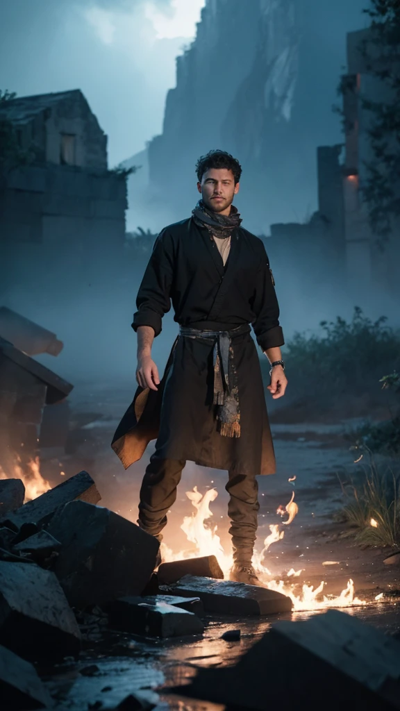 Jamie Dornan, Full body male chef 32k(tmasterpiece,k hd,hyper HD,32k)Long flowing black hair,Camping ruins area,zydink, a color, patriot (ruins), (Linen batik scarf), Angry fighting stance, looking at the ground, Linen bandana, Chinese python pattern long-sleeved garment, (Abstract gouache splash:1.2), Dark clouds lightning background,Flour flies(realisticlying:1.4),Black color hair,Flour fluttering,Background fog, A high resolution, the detail, RAW photogr, Sharp Re, Nikon D850 Film Stock Photo by Jefferies Lee 4 Kodak Portra 400 Camera F1.6 shots, Rich colors, ultra-realistic vivid textures, Dramatic lighting, Unreal Engine Art Station Trend, cinestir 800,Flowing black hair,(((Male boss))),irate,