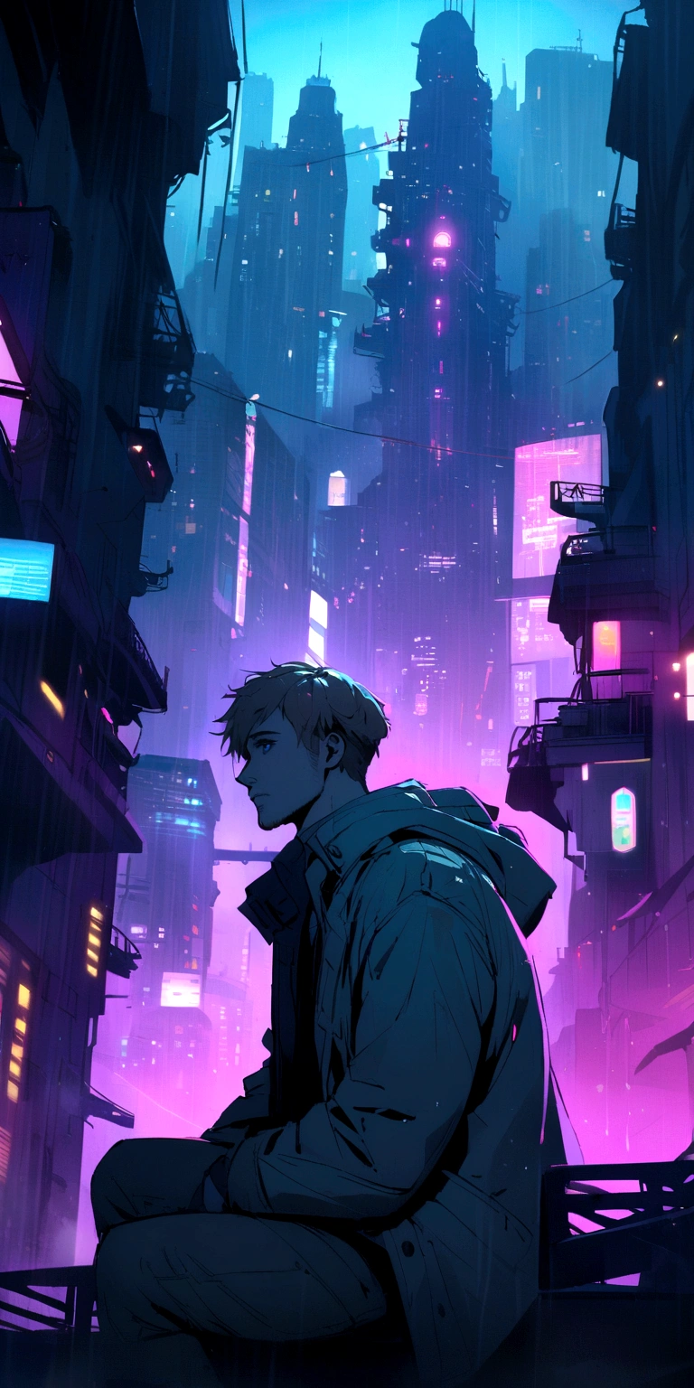 Ryan Gosling staring blankly in the rain on top of a building in a cyberpunk city