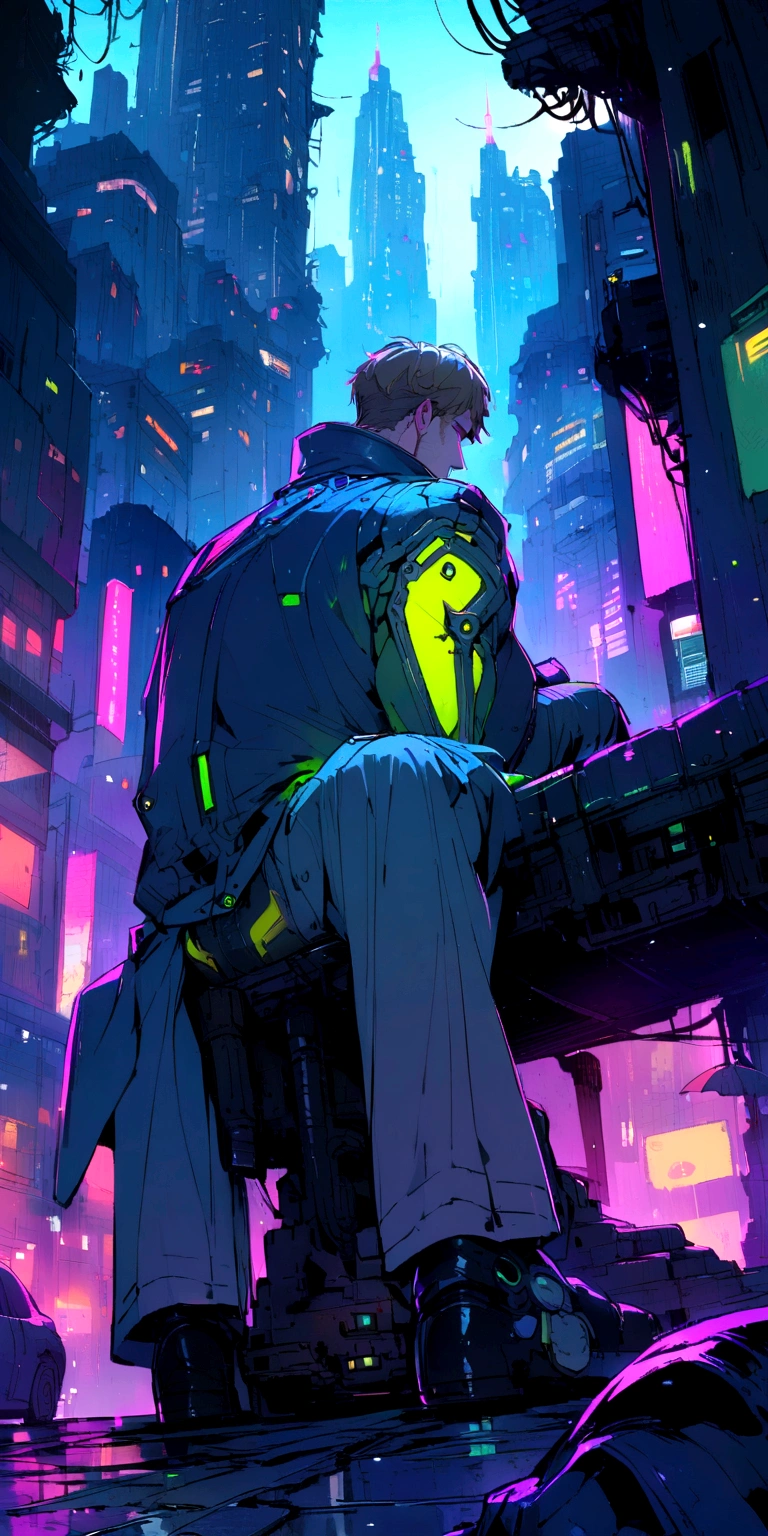 Ryan Gosling staring blankly in the rain on top of a building in a cyberpunk city