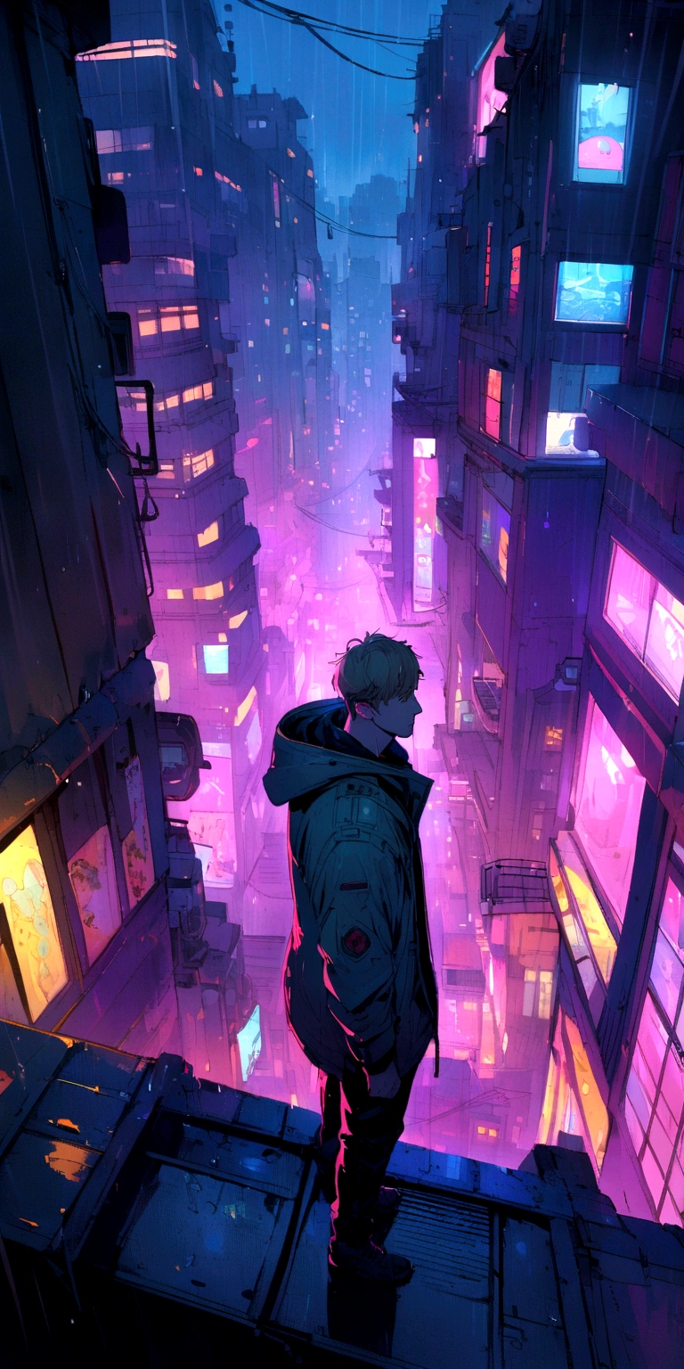 Ryan Gosling staring blankly in the rain on top of a building in a cyberpunk city