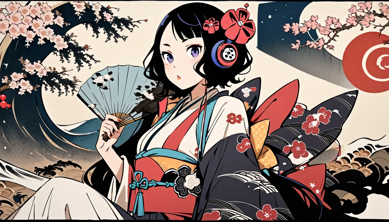 (((Highest quality))), (((Katsushika Hokusai))), (((Ink Painting))), ((very straight longhair)), ((1 girl)), ((cherry blossoms)), ((beautiful girl)), Japanese style headphones, Black Hair, Delicate and precise, Modern ukiyo-e style, fan