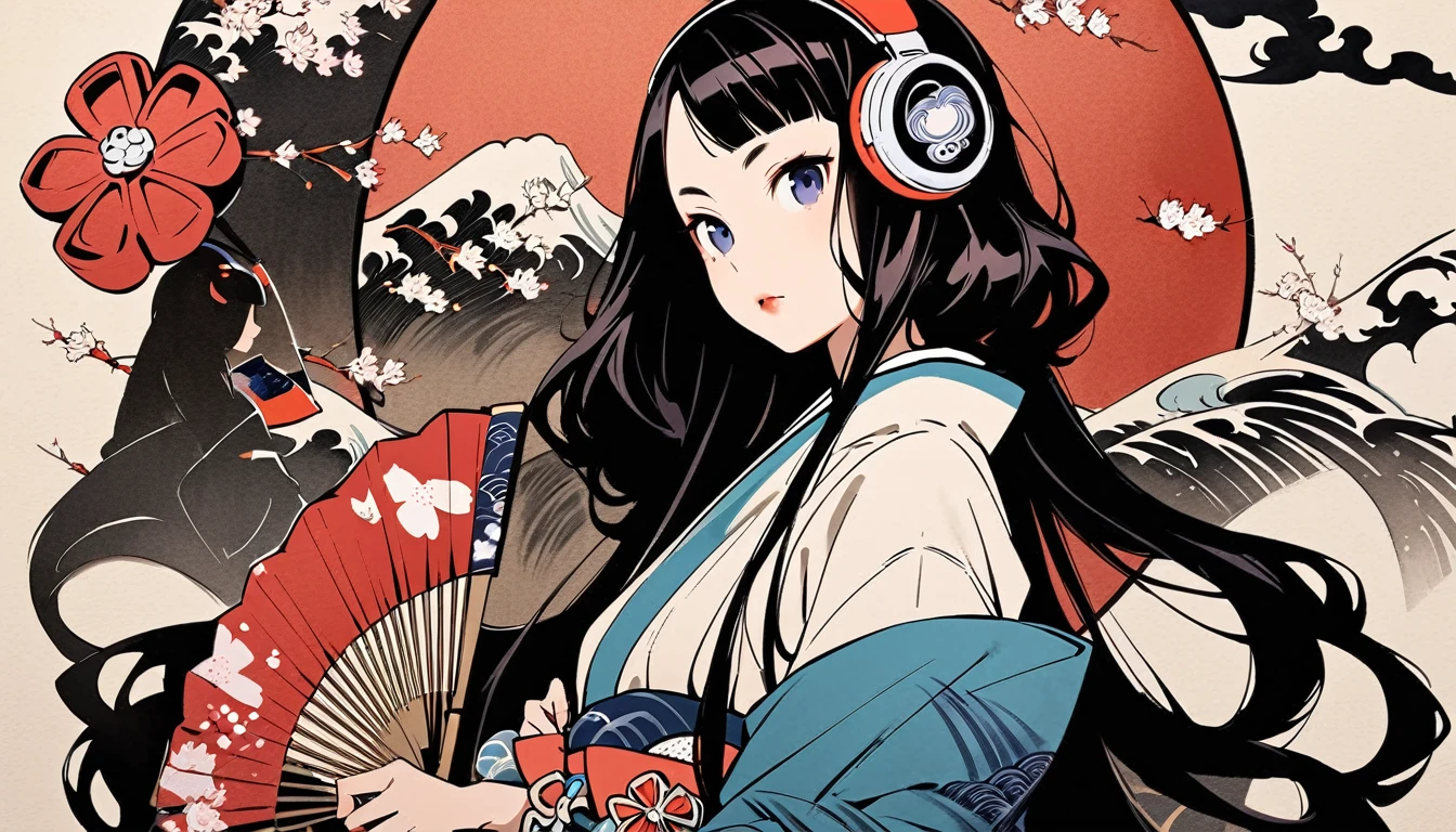 (((Highest quality))), (((Katsushika Hokusai))), (((Ink Painting))), ((very straight longhair)), ((1 girl)), ((cherry blossoms)), ((beautiful girl)), Japanese style headphones, Black Hair, Delicate and precise, Modern ukiyo-e style, fan
