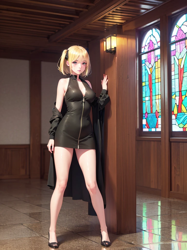 masterpiece, High resolution, high quality, Detailed face, Detailed body rendering, One girl, alone, Sleeveless outfit, Sleeveless shirt, Fishnet top, Black Lips, Unzipped jacket,, Exposing breasts, Nipples, Are standing, blushする, ((Full Body Shot)) , ((length, Thin legs)), 1 Girl, eye_Chan, Very beautiful girl, innocent big eyes,、Beautiful breasts:1.5、非常に詳細なeye:1.2)、(Beautiful breasts:1.1)、((blonde))、(length Bob Hair), short hair, Twin tails、, Perfect Skin, Fair skin, Small breasts, Tight waist, ((Perfect hand shape)),The whole body is drenched by heavy rain、The whole body is drenched by heavy rainの服、High heels、 ((Perfect hand shape))、(Perfect foot shape、Embarrassed expression、blush、Gestures to seduce a man、Shining Sweat、Perfect Skin,汗がeye立つ、太ももの汗がeye立つ、 Fair skin,Tight waist, Sweating profusely、Sweaty hair、Sweaty clothes、Sweaty、eye立つ汗、rain-wet hair、A vast Western church with stained glass windows