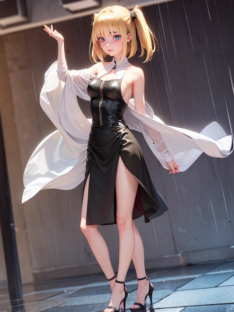 masterpiece, High resolution, high quality, Detailed face, Detailed body rendering, One girl, alone, Sleeveless outfit, Sleeveless shirt, Fishnet top, Black Lips, Unzipped jacket,, Exposing breasts, Nipples, Are standing, blushする, ((Full Body Shot)) , ((length, Thin legs)), 1 Girl, eye_Chan, Very beautiful 17 year old girl, innocent big eyes,、Beautiful breasts:1.5、非常に詳細なeye:1.2)、(Beautiful breasts:1.1)、((blonde))、(length Bob Hair), short hair, Twin tails、, Perfect Skin, Fair skin, Small breasts, Tight waist, ((Perfect hand shape)),The whole body is drenched by heavy rain、The whole body is drenched by heavy rainの服、High heels、 ((Perfect hand shape))、(Perfect foot shape、Embarrassed expression、blush、Gestures to seduce a man、Shining Sweat、Perfect Skin,汗がeye立つ、太ももの汗がeye立つ、 Fair skin,Tight waist, Sweating profusely、Sweaty hair、Sweaty clothes、Sweaty、eye立つ汗、rain-wet hair、A vast Western church with stained glass windows