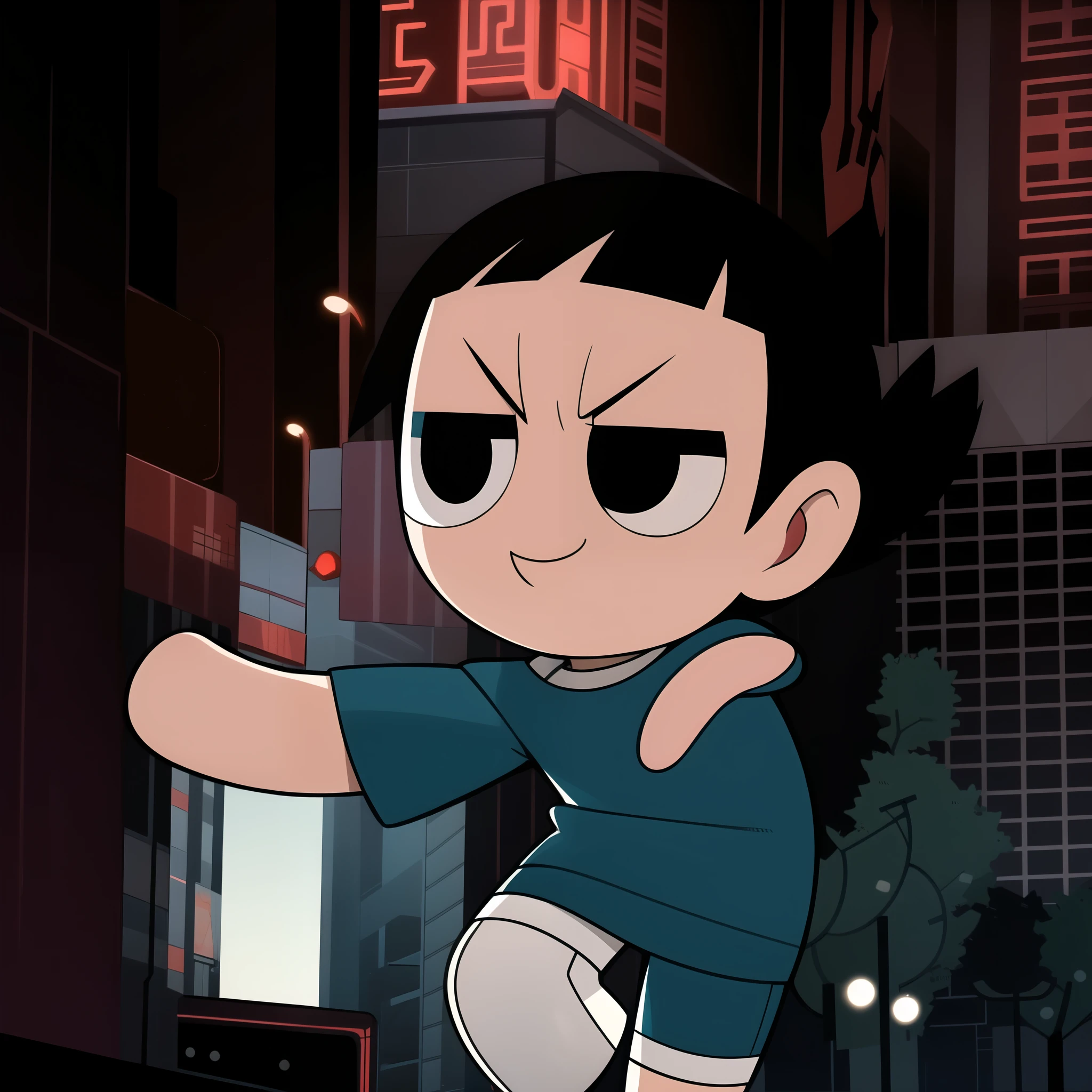 boy, shirt, short sleeves, pants, cute smile, full body, chibi, black hair, city background, (((Solo)))