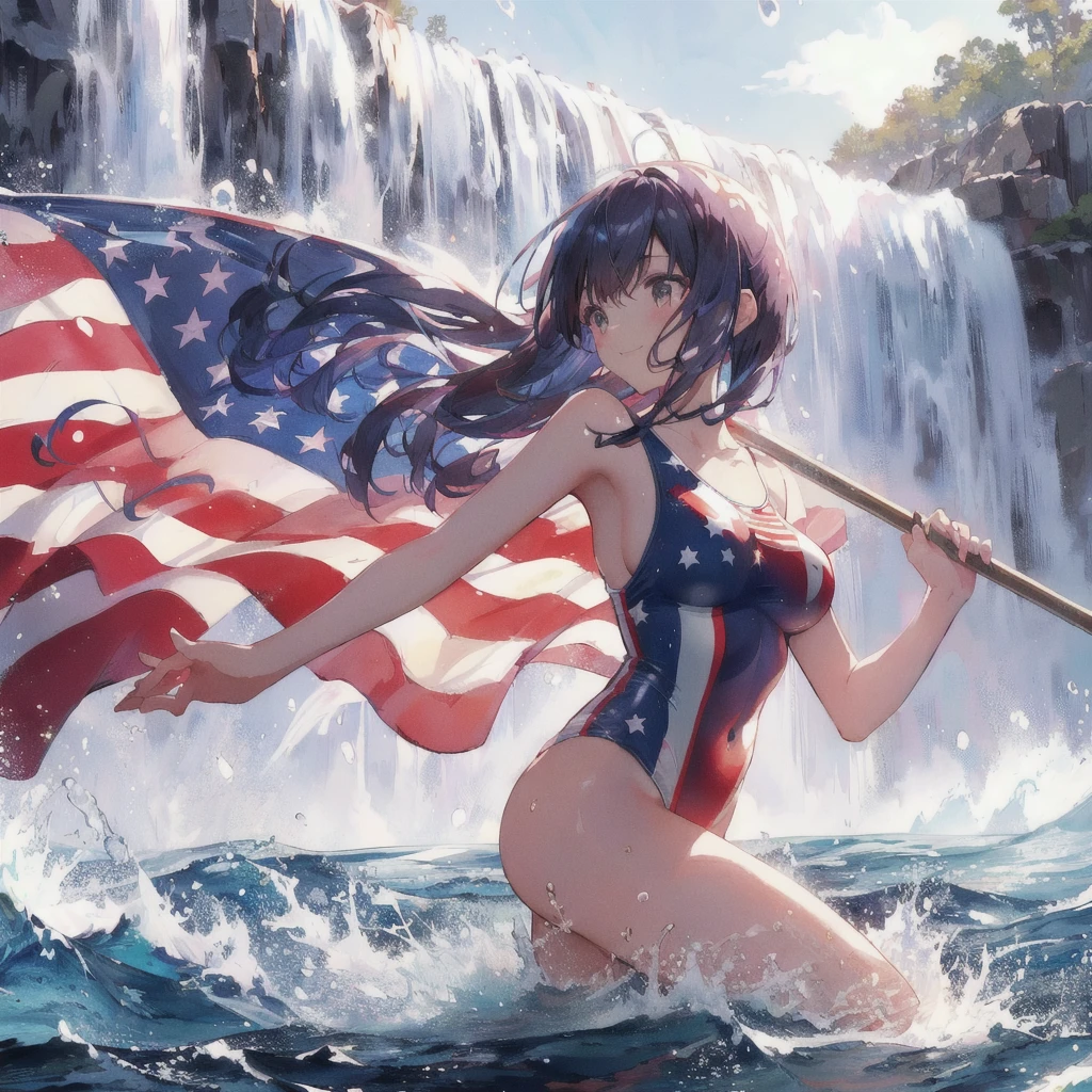 Anime girl wearing an American flag swimsuit holding the American flag in a waterfall, A big smile,80s anime,Ultra HD Anime Wallpaper, anime art wallpaper 4k, anime art wallpaper 4k, Anime Style 4k, 4k anime wallpaper, Anime Art Wallpapers 8K, anime wallpaper 4k, anime wallpaper 4k, 4K Manga Wallpapers, HD Anime Wallpaper, everyone, Wallpaper Anime Blue Water