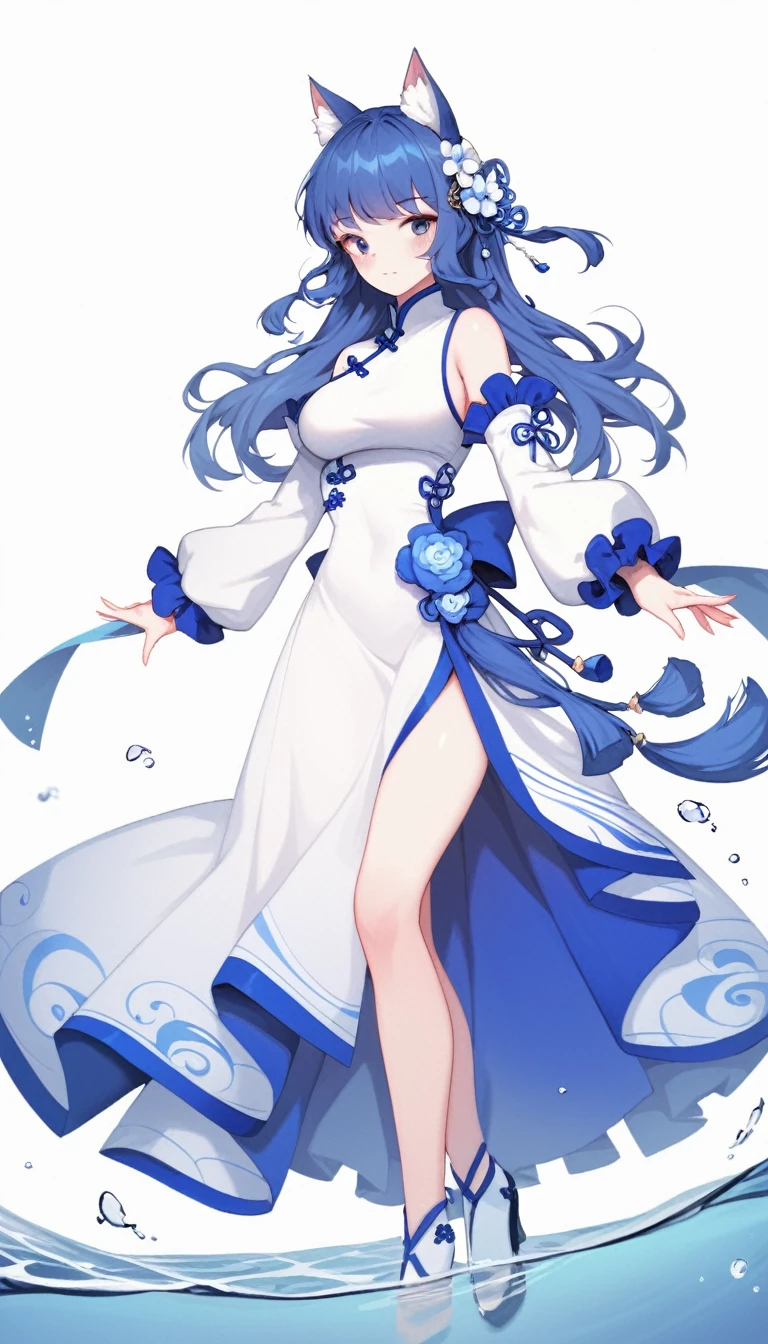 score_9, score_8_up, score_7_up, score_6_up,a woman in elaborate cat clothing standing in front of blue sky and water, 1girl, solo, flower, hair flower, hair ornament, white background, animal ears, blue eyes, dress, simple background, looking at viewer, animal ear fluff, breasts, blue hair, blush, white dress, chinese clothes, bangs