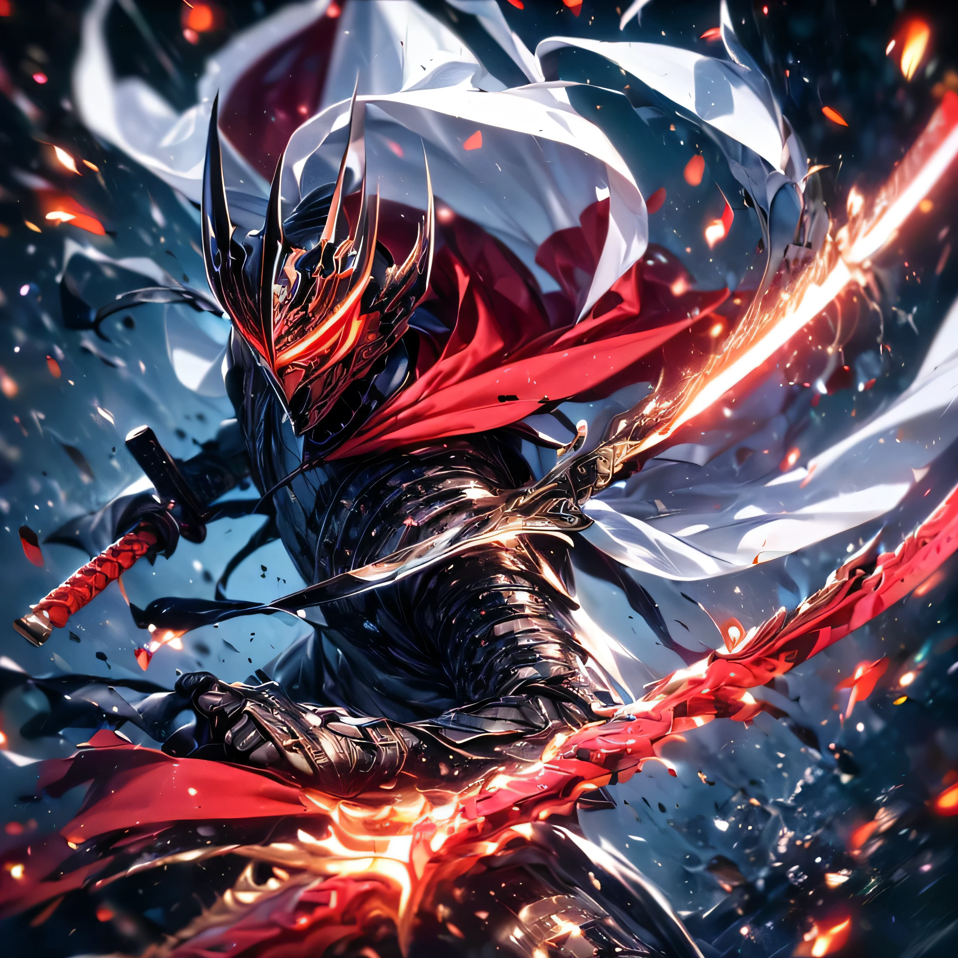 Super realistic, hyper realistic, super detailed, (cybersamurai, 1boy, ((solo)), attacking with red sword, wearing white armor and mask, cape, glowing beautiful red eyes, glow:1.3) (glowing simple black background:1.25),