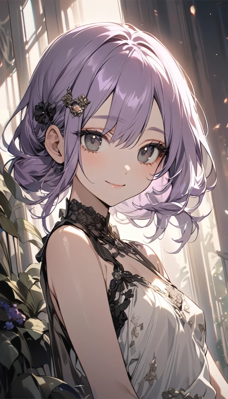 (Cute a girl:1.5), (a girl with closs hair pin,pale purple hair,bluntbangs hair,green and black eyes, a girl is wearing a white smiling mask with only her eyes visible,, portrait, look at viewer:1.4), (masterpiece:1.3), anime visual, (Lovey-dovey:1.5), (tilt head:1.3), extremely delicate face, soft clean focus, realistic lighting and shading, (an extremely delicate and beautiful art:1.3), elegant, (muted colors:1.1), small breast,