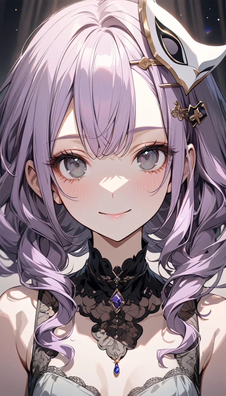 (Cute a girl:1.5), (a girl with closs hair pin,pale purple hair,bluntbangs hair,green and black eyes, a girl is wearing a white smiling mask with only her eyes visible,, portrait, look at viewer:1.4), (masterpiece:1.3), anime visual, (Lovey-dovey:1.5), (tilt head:1.3), extremely delicate face, soft clean focus, realistic lighting and shading, (an extremely delicate and beautiful art:1.3), elegant, (muted colors:1.1), small breast,