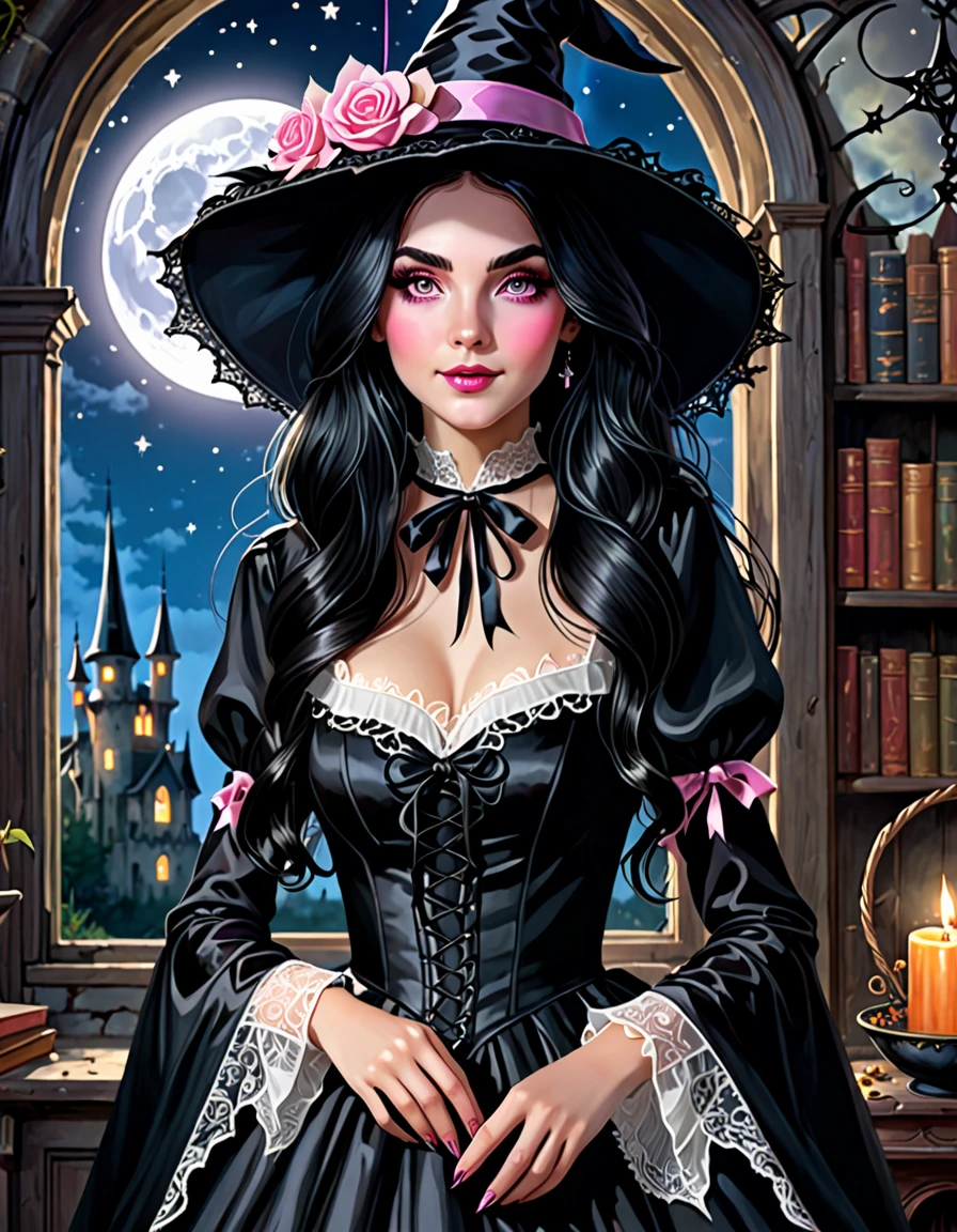 (best quality,4k,highres), pink-eyed,long black hair,girl looks happy,beautiful detailed eyes,beautiful detailed lips,long eyelashes,best quality portrait painting,detailed,physically-based rendering,ultra-fine painting,fine details,painting,a age boy has joined a witch coven and gets magically transformed into a cute teenwitch girl,gender bending,friendly witches are helping dressing up the new girl,she’s happily getting dressed in a stunning black victorian dress, physically-based rendering,gorgeous dress design,flowing gown,elaborate lace details,rich textures,contrast stitching,delicate ribbon bows,floral accents,full skirt,high neckline,long sleeves,fitted waistline,flared cuffs,lace-up back,imperfect fabrics,flawless silhouette,high heels, pink-eyed girl,effeminate face,pointy hat,long black hair,witches assisting in dressing up the new girl,promptly helps the new girl getting dressed in a stunning black Victorian dress,inside an abandoned castle, moonlit night with a full moon shining above, soft and ethereal lighting, magic pot, potions on a shelf, pentagram, high resolution, 4K, 8K