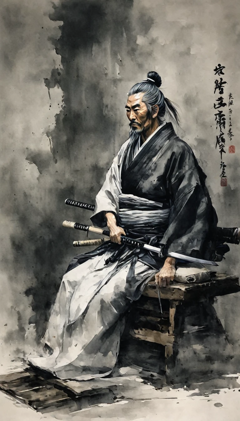 Black and white painting,Ink Painting,splash,Mamba Hair,Sitting cross-legged,seppuku,Create a hyper-realistic portrait of Miyamoto Musashi in his later years. He is depicted with a calm and wise expression, wearing traditional samurai attire. The background is a simple and elegant setting, perhaps a traditional Japanese room with tatami mats and a scroll on the wall, reflecting his legacy and wisdom.Gray Hair、Whitebeard