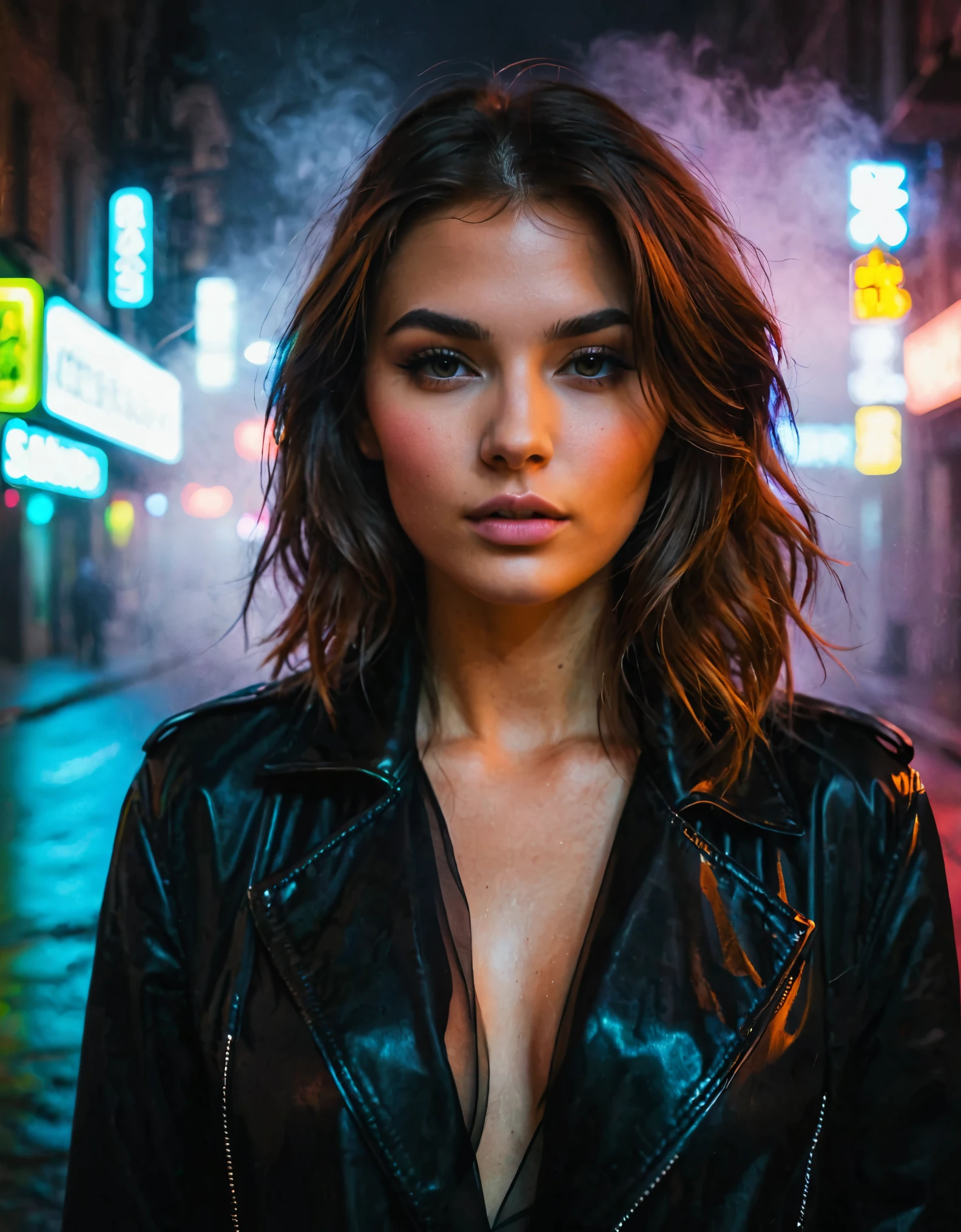 city street, neon, fog, volume, close-up portrait photo of a young sexy woman in dark clothes