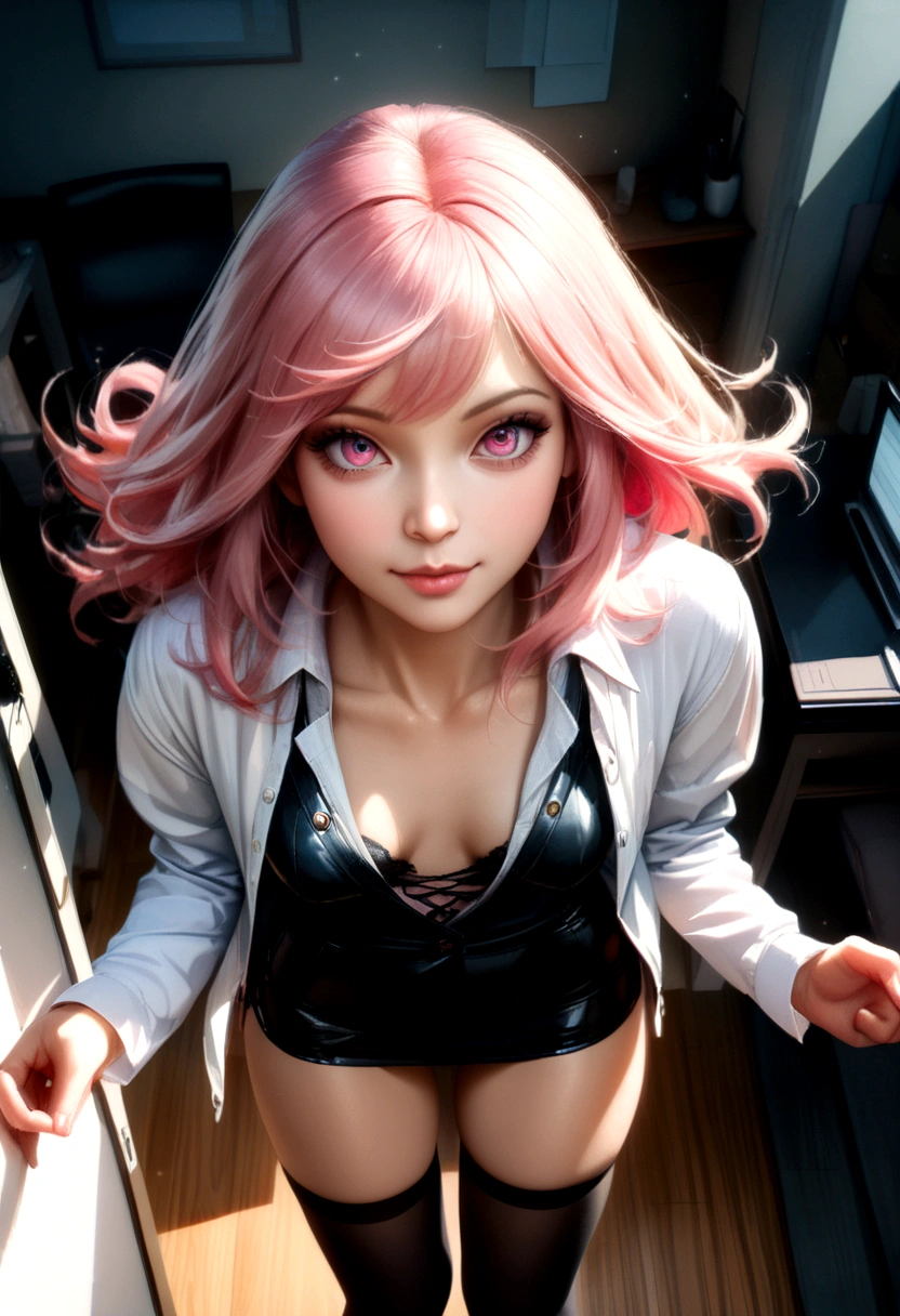 (RAW photo, best quality), (realistic, photo-realistic:1.3), masterpiece, an extremely delicate and beautiful, extremely detailed, CG, unity , 2k wallpaper, Amazing, finely detail, light smile, extremely detailed CG unity 8k wallpaper, huge filesize, ultra-detailed, highres, absurdres, soft light, (((medium hair:1.3), short bang, pink hair, floating hair novafrogstyle)), beautiful detailed girl, detailed fingers, extremely detailed eyes and face, beautiful detailed nose, beautiful detailed eyes, long eyelashes, light on face, looking at viewer, (closed mouth:1.2), 1girl, cute, young, mature face, (full body:1.3), ((small breasts)), realistic face, realistic body, beautiful detailed thigh, (ulzzang-6500-v1.1:0.8), business suit, cross-laced clothes, collared shirt, open clothes, in office, detailed office, open cardigan, black thighhighs, miniskirt, black underwear, unbuttoned shirt,