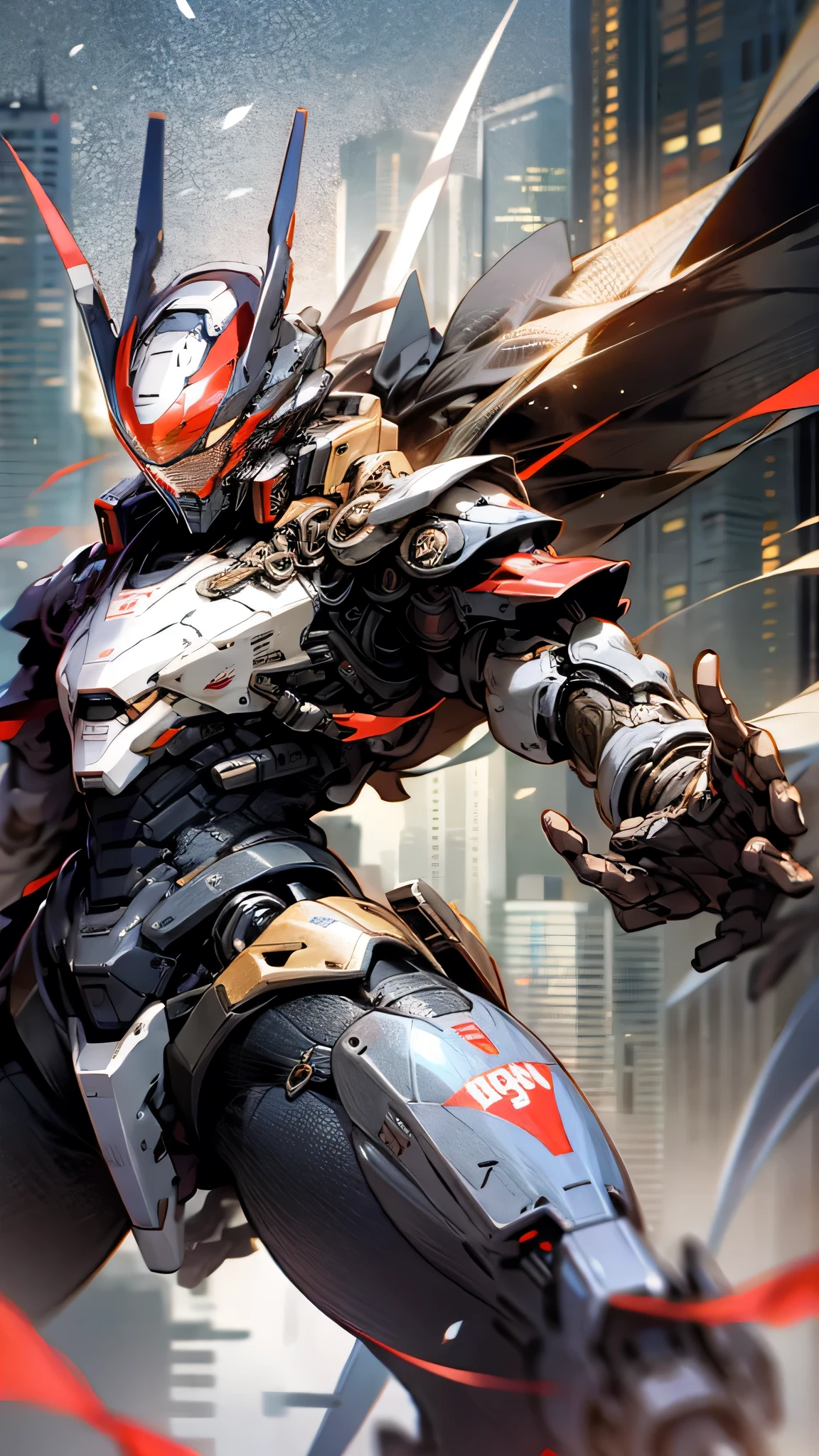 最high quality、Best image quality、masterpiece、Giant Mecha((Humanoid、Black body、Railgun、Body Armor、Jetpack、Red visor))high quality、Beautiful art、background((City)),Tabletop、Exquisite design、Visual Arts、Depth of written boundary、Best lighting、Highest detail、8k