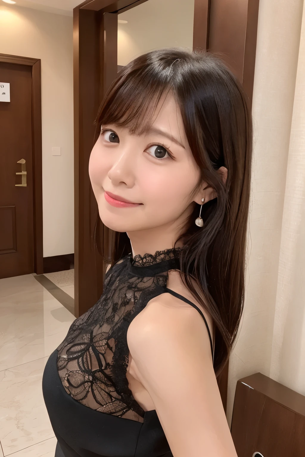 A skinny Japanese woman, {30|40} years old, 1girl, cute face, slight smile, ((detailed face, detailed eyes)), black {short|long} hair, medium breasts, very thin waist, correct human body structure, See-through lace mini dress in various colors, standing in a hotel lobby, (full body photo),