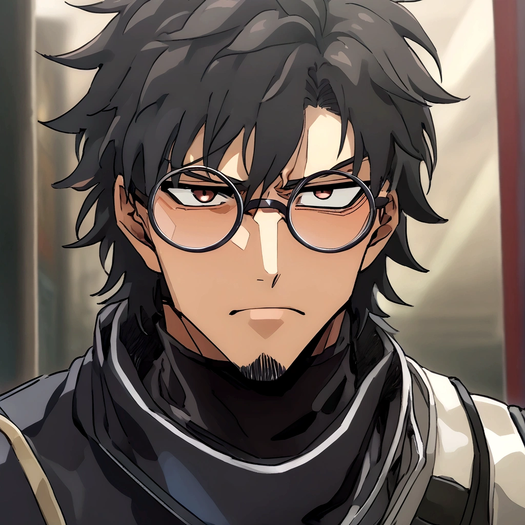 Anime man, shaved beard, serious face expression, black fluffy messy hair, unique black suit, cool, ((best quality)), black scarf, black waist straps, Fanny pack across shoulder, circle glasses, black turtleneck collar, eye bags