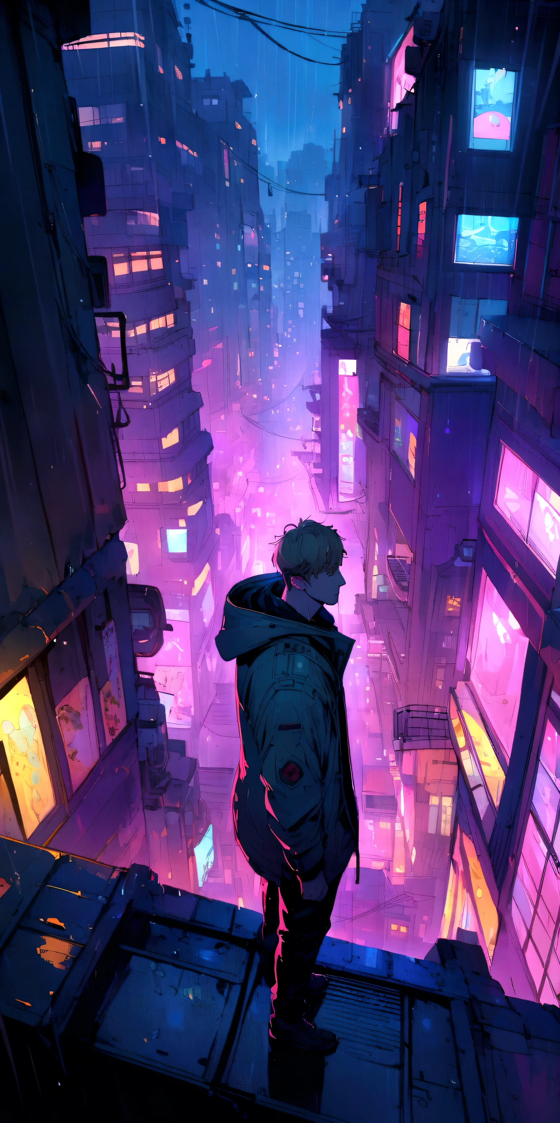Ryan Gosling staring blankly in the rain on top of a building in a cyberpunk city