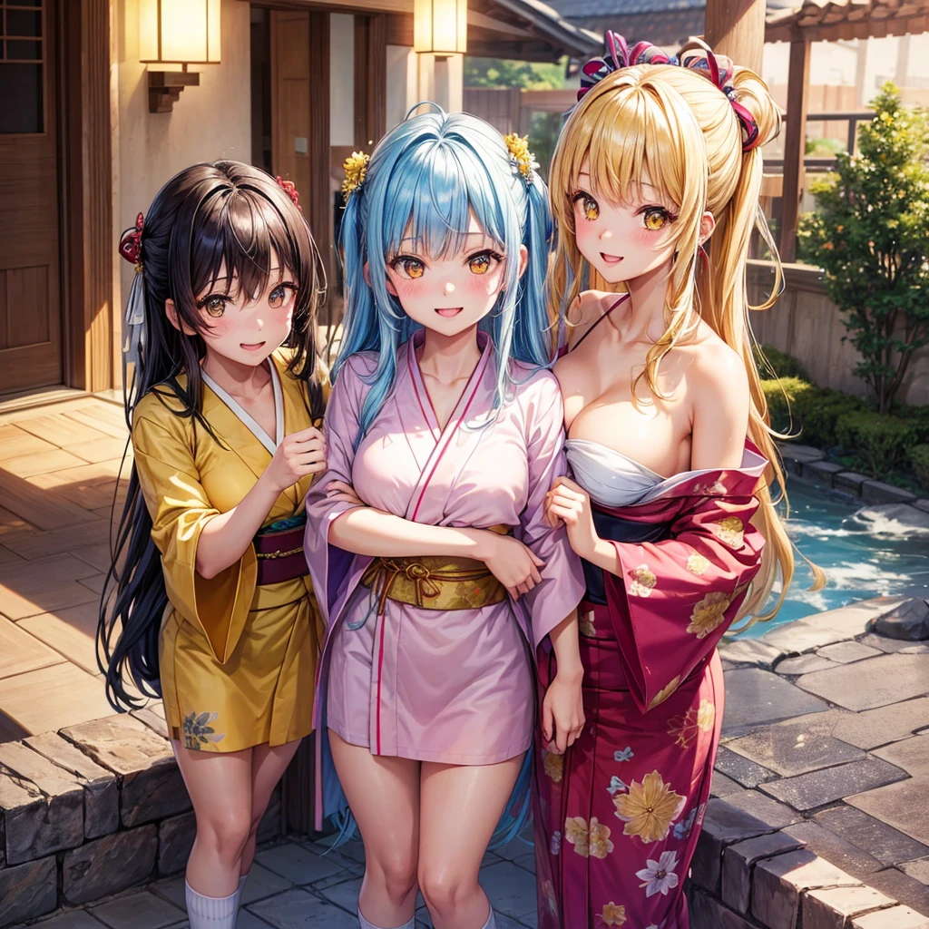 (masterpiece, best quality), ((uncensored)),3 elven girls, ( collar bone, bare breasts,  nipples, navel, clotch, thigh),  view from side, (light blue hair, twin tails ,very long hair is floating ), hair between eyes, multi colored hair,hair flower ornament ,blush,  aqua eyes, superb smile , large breasts,(((bare lower half of body ))),japanese ryokan , walking, having a chat , light aqua color of yukata ,   light green color of yukata, light pink color of yukata, (((open front of the yukata chest very wide))) , (((( open front of the yukata thigh wide))),   unbuttoned ,while walking , no lower yukata, no bottom ,no lingerie ,no underware, no shorts, no anything hide the lower half of the body