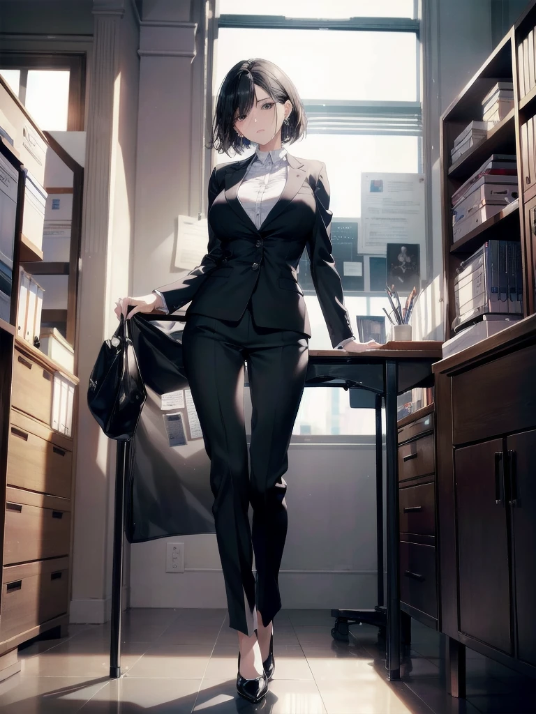 absurdres, RAW photo, extremely delicate and beautiful, masterpiece, Best Quality, ultra high resolution, 32k, hyperrealistic, ultra-detailed, in her 20s, delicate facial features, tearful mole, earring, big breasts, ((full body shot)), shorter middle hair, black hair, ((office lady suit)), blazer,