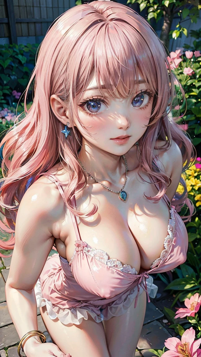 (Masterpiece, BestQuality:1.3), (ultra detailed:1.2), (hyperrealistic:1.3), (RAW photo:1.2), High detail RAW color photo, professional photograph, (Photorealistic:1.4), (realistic:1.4), (Pink Hair:1.5), professional lighting, perfect anatomy, (Big Breasts:1.2), (blush, detailed face), (cheerful Smile:1.5), Trending Hair&Trending Hairカラーをランダムに, earrings, necklace, bracelet, sexly, erotic sexly, Random sexy gravure poses, (Beautiful woman in a pink negligee、In the garden full of flowers、Soft look、Wavy hair blowing in the wind、Put one foot forward、The hem of her negligee is boldly pulled up。:1.3)