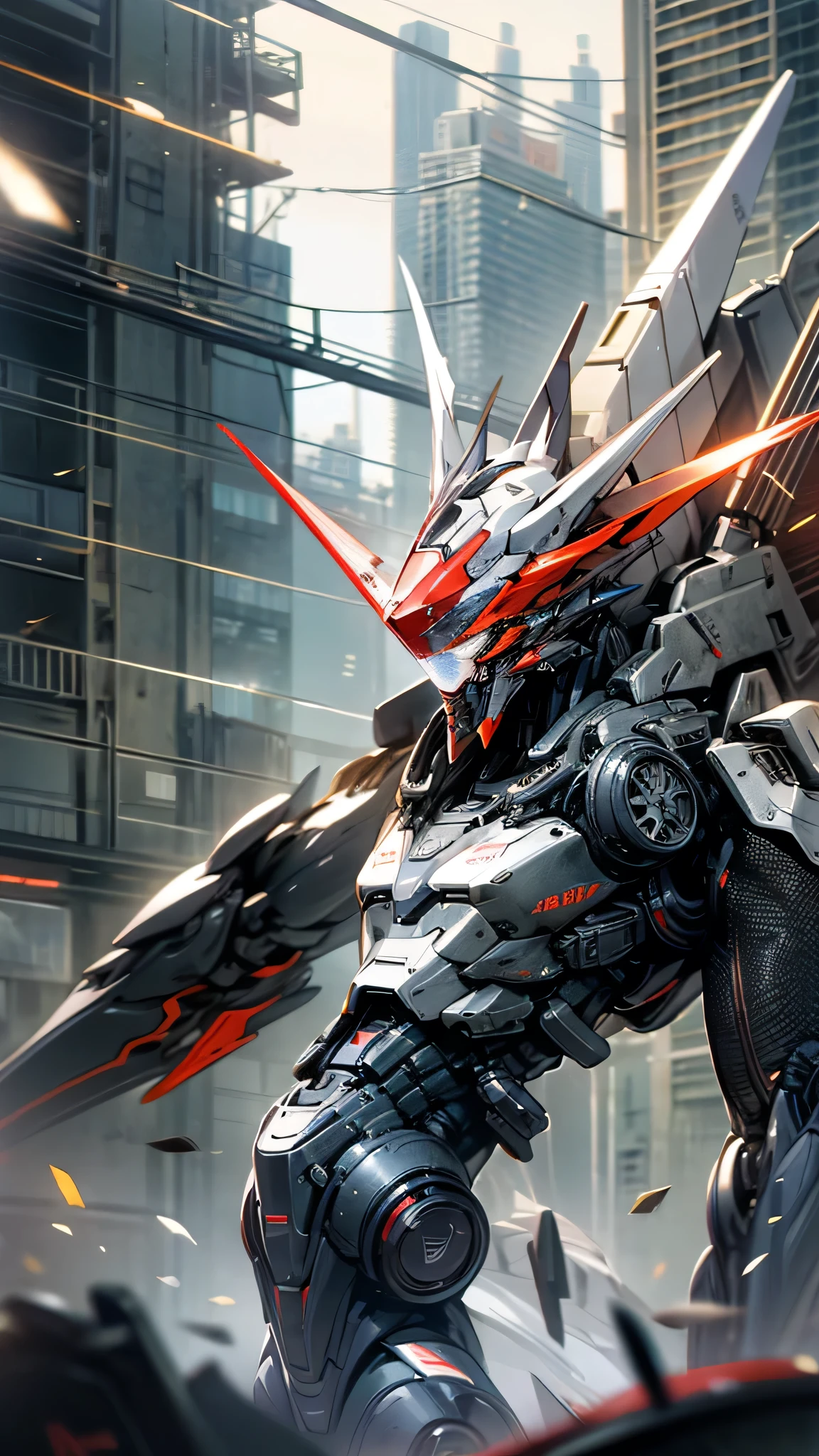 最high quality、Best image quality、masterpiece、Giant Mecha((Humanoid、Black body、Railgun、Body Armor、Jetpack、Red visor))high quality、Beautiful art、background((City)),Tabletop、Exquisite design、Visual Arts、Depth of written boundary、Best lighting、Highest detail、8k