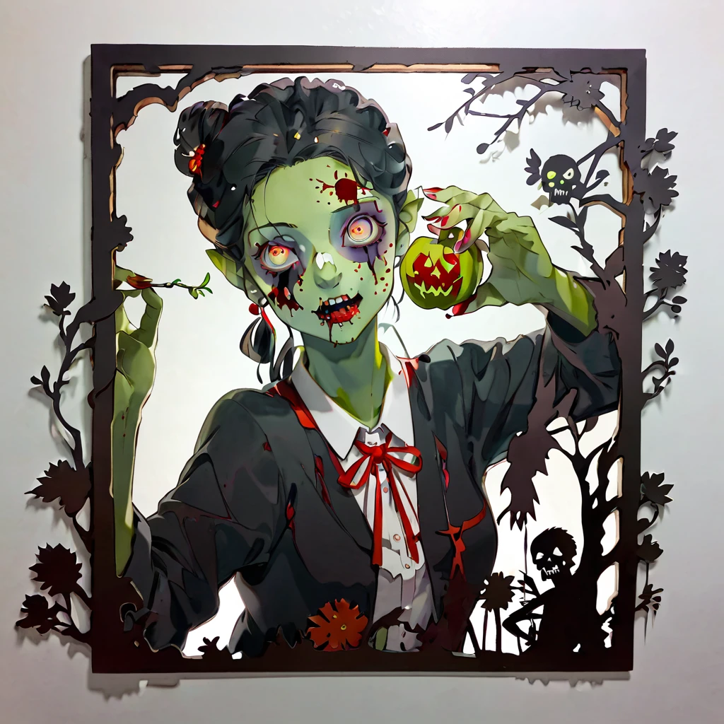 paper-cutting style, 1 zombie, Selfie