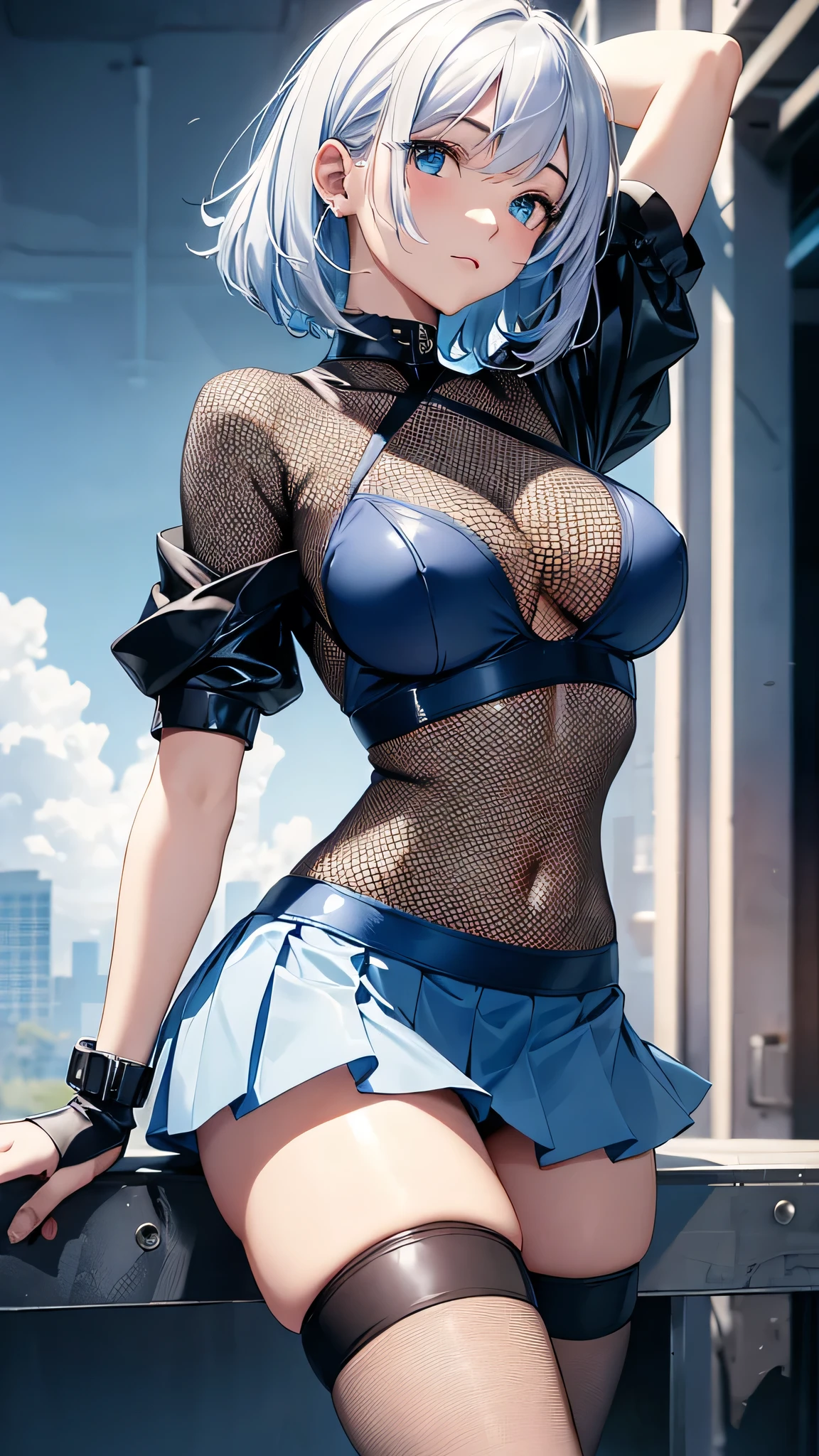 最high quality、Best image quality、masterpiece、With a girl((cute、20-year-old、Best Bust、Medium Bust、Bust 85,Beautiful Blue Eyes、Spread your chest wide,mShort silver hair、Slender、The best valley、、Blue Y-shirt、White short skirt,Show the whole body、Black perforated gloves,Blue Mesh,The gesture of lifting one's hair、Leaning forward greatly、Blue Sports Sunglasses))high quality、Beautiful art、background((School、School zone、Strong winds)),Tabletop、Exquisite design、Visual Arts、Depth of written boundary、Best lighting、Highest detail、8k