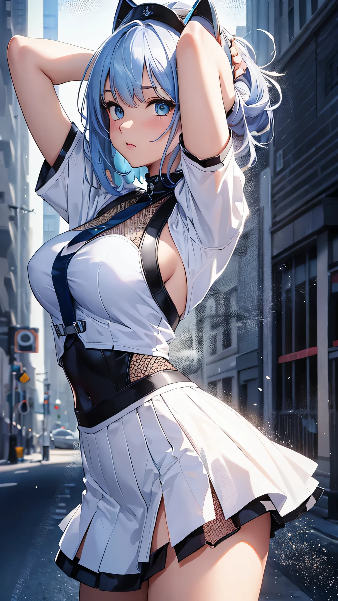 最high quality、Best image quality、masterpiece、With a girl((cute、20-year-old、Best Bust、Medium Bust、Bust 85,Beautiful Blue Eyes、Spread your chest wide,mShort silver hair、Slender、The best valley、、Blue Y-shirt、White short skirt,Show the whole body、Black perforated gloves,Blue Mesh,The gesture of lifting one's hair、Leaning forward greatly、Blue Sports Sunglasses))high quality、Beautiful art、background((School、School zone、Strong winds)),Tabletop、Exquisite design、Visual Arts、Depth of written boundary、Best lighting、Highest detail、8k