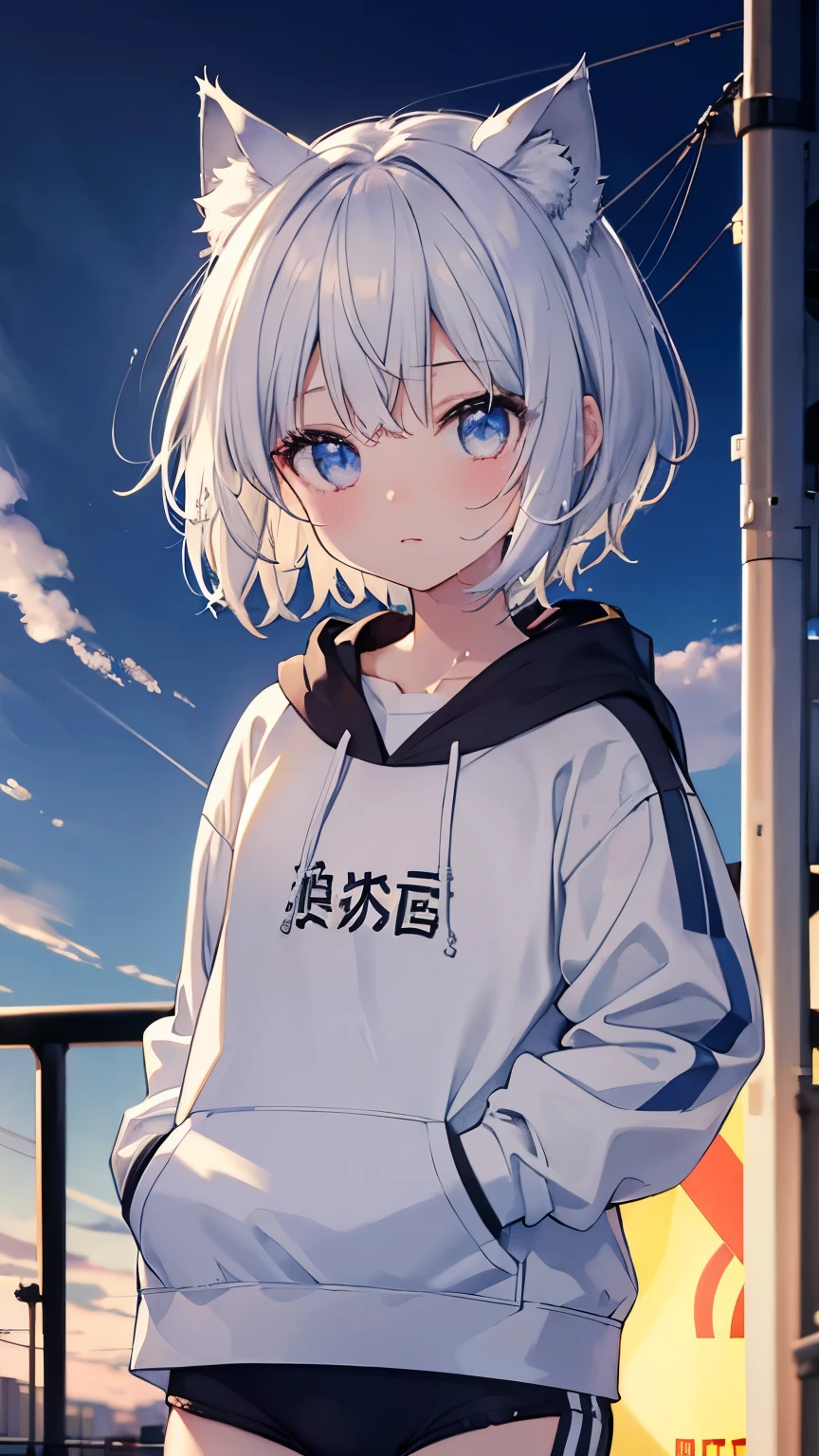 short hair,Short Hair,Straight Hair、Gray Hair、Twinkling eyes、Amber Eyes、Cat ear、Cat tail,Embarrassing,playground,blue sky,separate,hoodie,Umbilical cord,small胸、shine、reflected light、Film Grain、masterpiece、Textured skin、Super Detail、High Detail、high quality、最high quality、High resolution、16K、shine,Sportswear,(small,Young,Lori),Sweat,first round