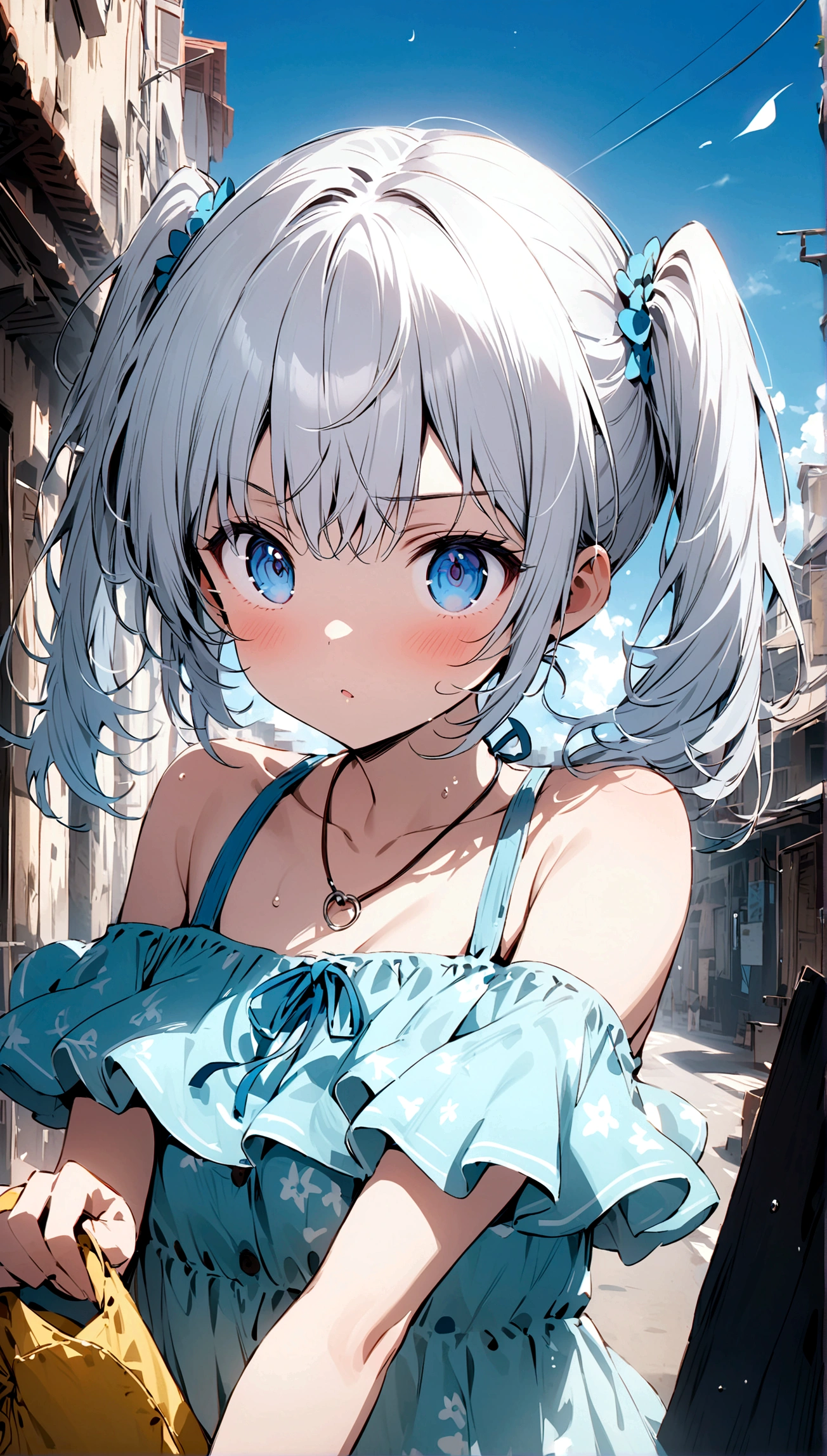((((Bluish silver hair in twin tails))) 、 『(((Blue Eyes))) 』Off-the-shoulder summer clothes