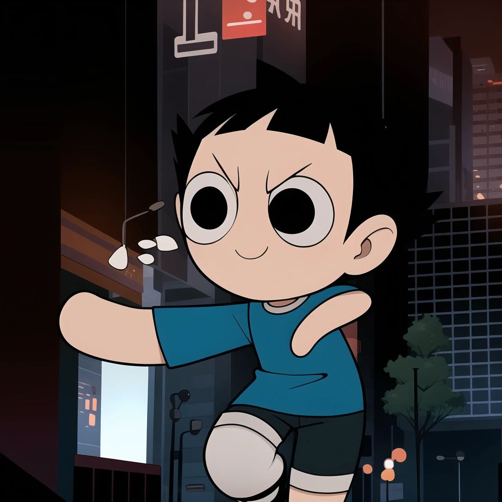 boy, shirt, short sleeves, pants, cute smile, full body, chibi, black hair, city background, (((Solo)))