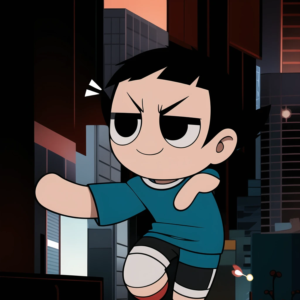 boy, shirt, short sleeves, pants, cute smile, full body, chibi, black hair, city background, (((Solo)))