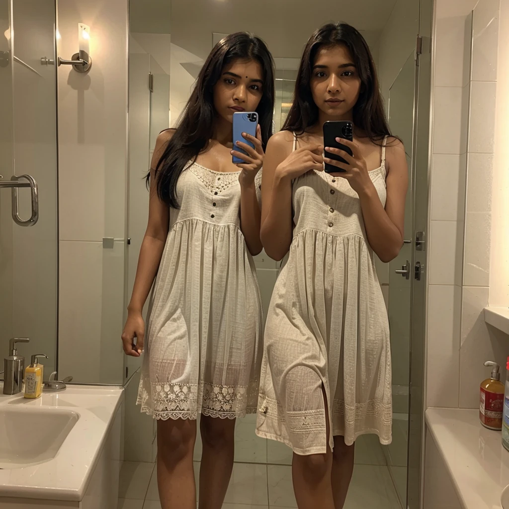 Indian girl wearing night dress in indian bathroom and holding iphone