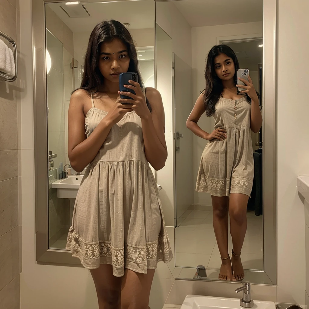 Indian girl wearing night dress in indian bathroom and holding iphone and looking at the mirror