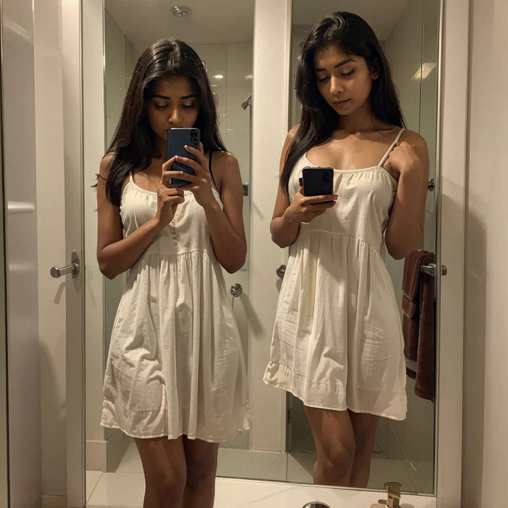 Indian girl wearing night dress in indian bathroom and holding iphone and looking at the mirror
