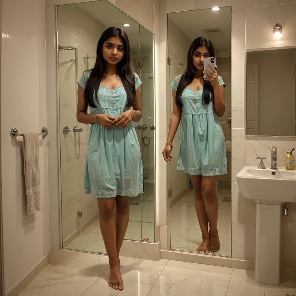 Indian girl wearing night dress in indian bathroom and holding iphone and looking at the mirror