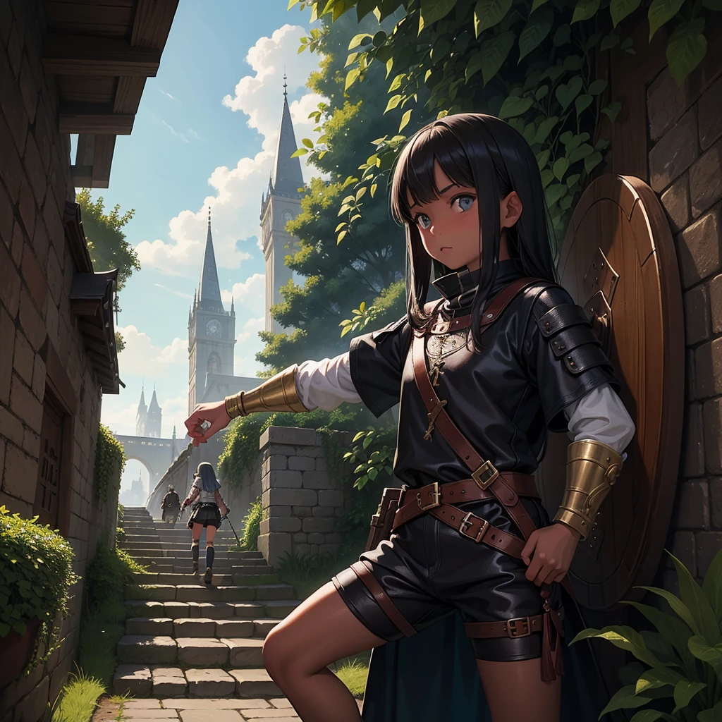 最high quality、high quality、Simple medieval leather clothing、10Year old girl adventurer、Climb the maze stairs、Fabric shorts、Equipped with a dagger and a shield、In a dark maze