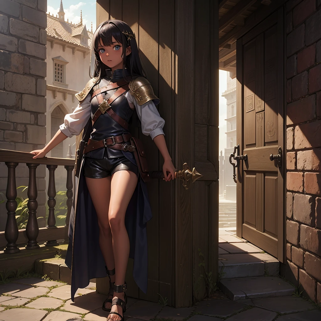 最high quality、high quality、Simple medieval leather clothing、10Year old girl adventurer、Climb the maze stairs、Fabric shorts、Equipped with a dagger and a shield、In a dark maze
