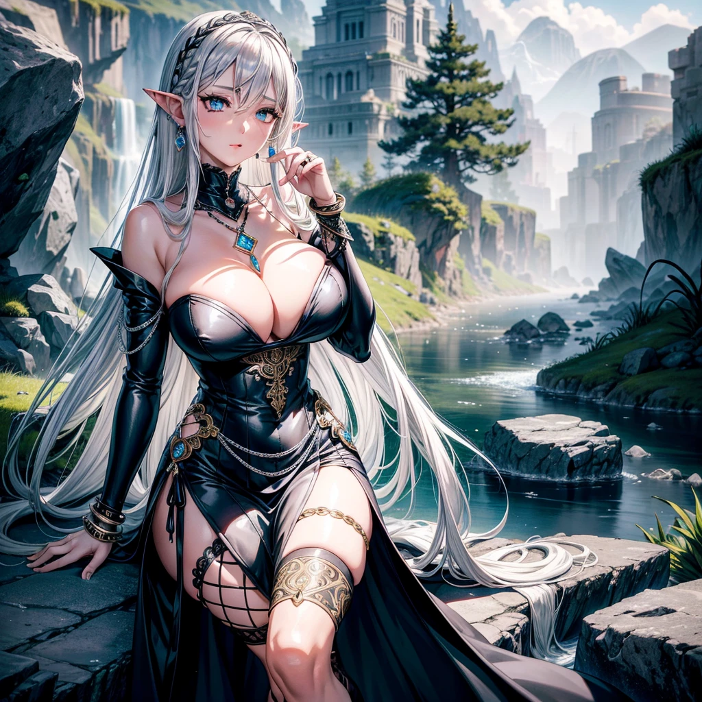 realistic anime style portrait of a beautiful voluptuous fair-skinned woman, long braided silver-white hair, pointed ears, intricate silver rectangular earrings, black low-cut long-sleeved dress with high collar, long black cape attached at front with thick ornate silver chain, round ornate silver pendant on long gold chain around neck, ornate silver chain belt, sheathed silver dagger at waist, black high-heel boots, dynamic pose, silver rings and bracelet, rectangular blue diamond pendant on silver chain, seated on rock, dark blue river and lush forests in background
