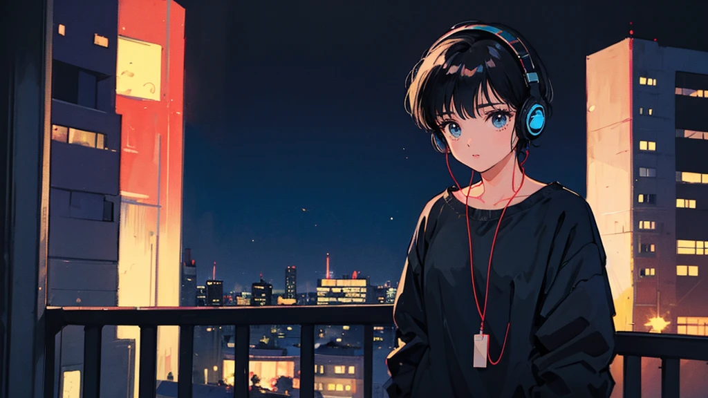 Black short Hair, Black Clothing, One Adult Woman Looking Sideways ,Blue headphones、 City of night, Delicate background、Masterpiece、Night Town、night、dark、Nostalgic、