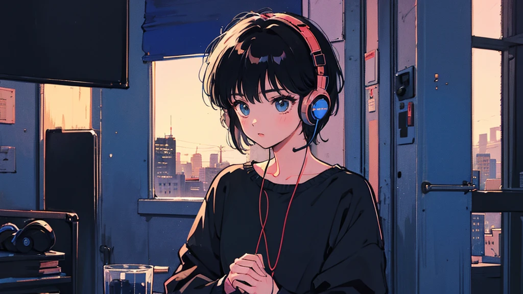 Black short Hair, Black Clothing, One Adult Woman Looking Sideways ,Blue headphones、 City of night, Delicate background、Masterpiece、Night Town、night、dark、Nostalgic、