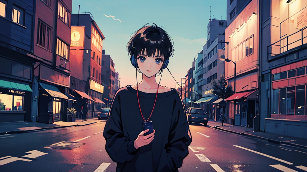 Black short Hair, Black Clothing, One Adult Woman Looking Sideways ,Blue headphones、 City of night, Delicate background、Masterpiece、Night Town、night、dark、Nostalgic、