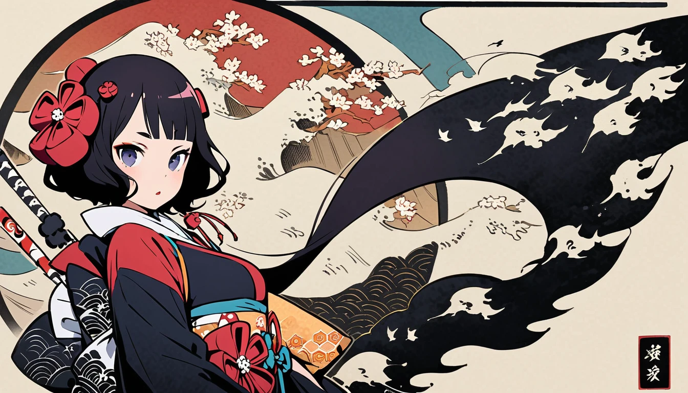 (((Highest quality))), (((Katsushika Hokusai))), (((Ink Painting))), ((very straight longhair)), ((1 girl)), ((cherry blossoms)), ((beautiful girl)), Japanese style headphones, Black Hair, Delicate and precise, Modern ukiyo-e style, skull