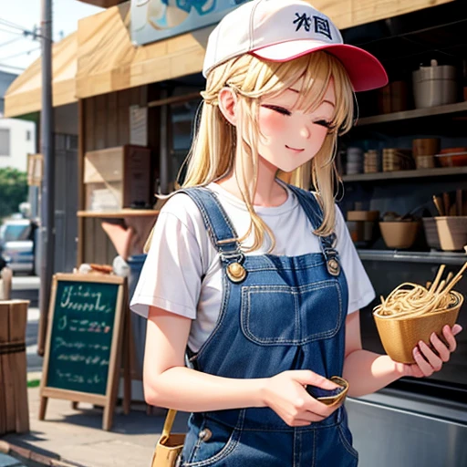 A woman making udon noodles Eyes closed Overalls Blonde Food truck Wearing a cap